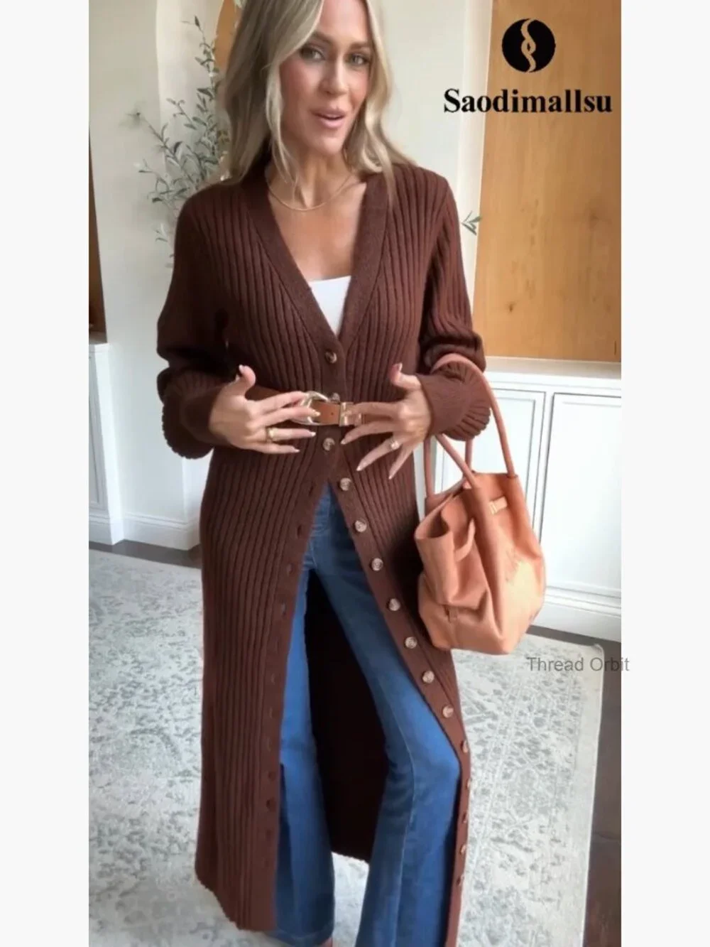 V Neck Button Down Chunky Knit Duster Sweater Coat Maxi Cardigan - Picture 7 of 7